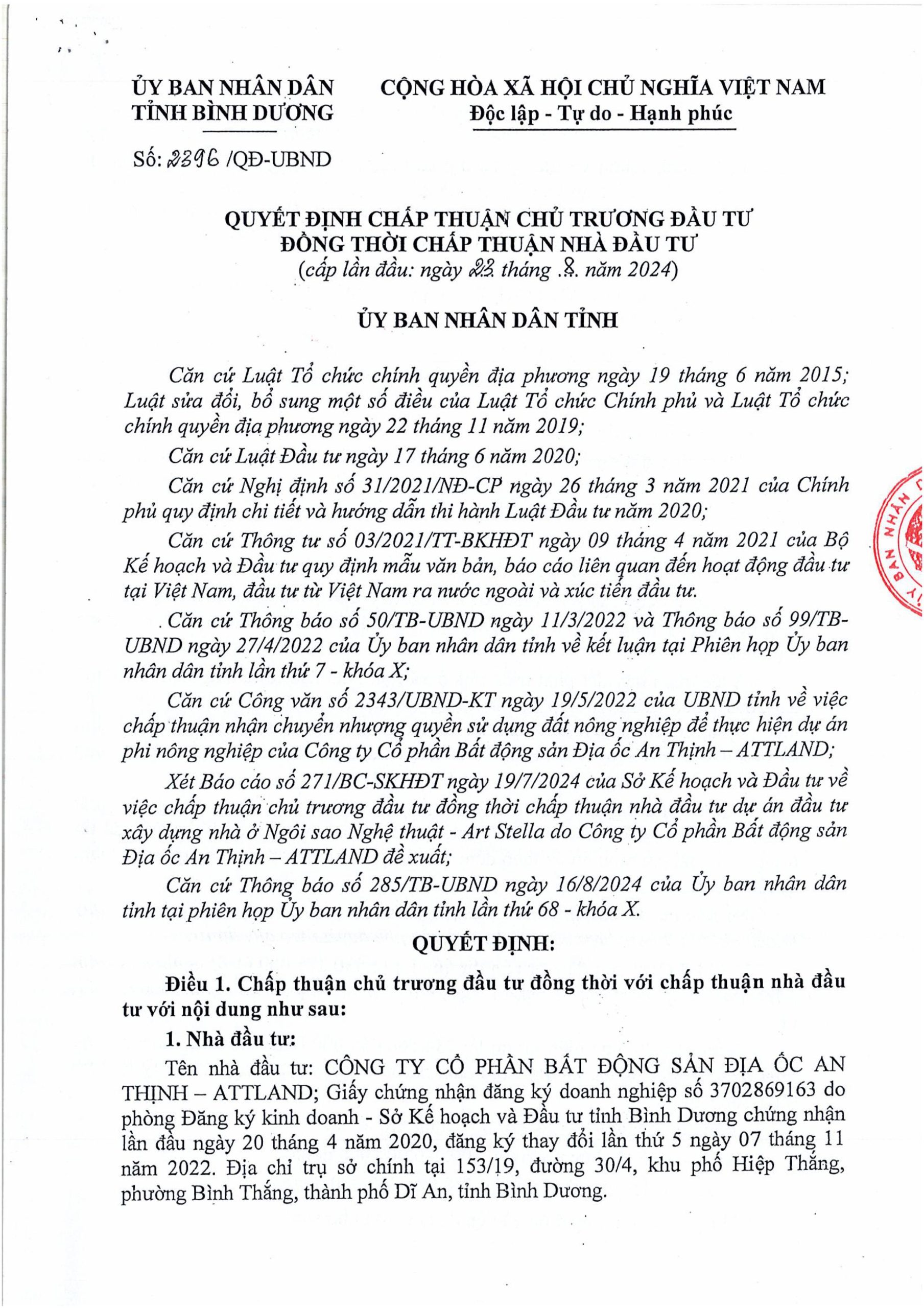 Chấp Thuận Chủ Trương đầu Tư Artstella