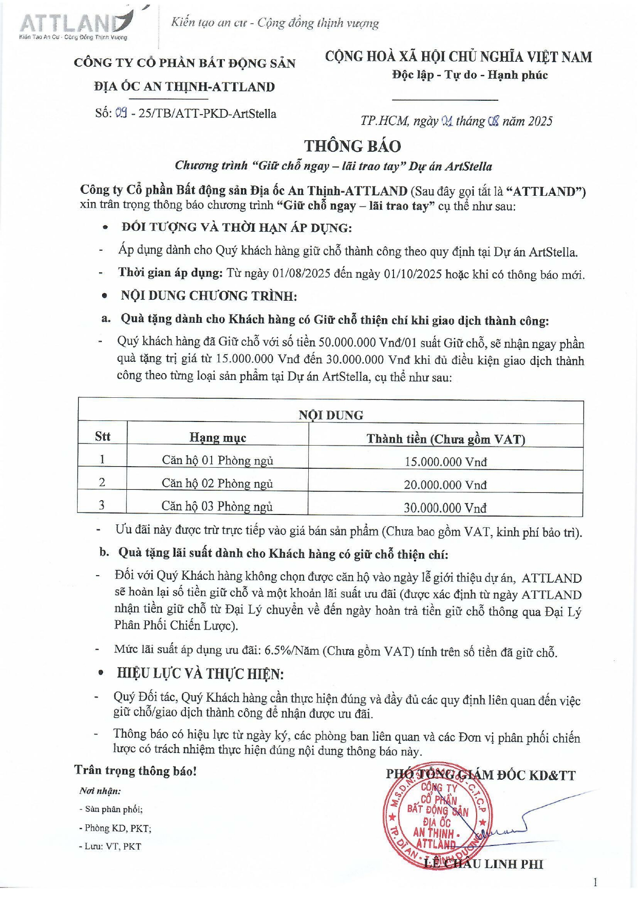 Chương Trình ưu đãi Giữ Chỗ Artstella