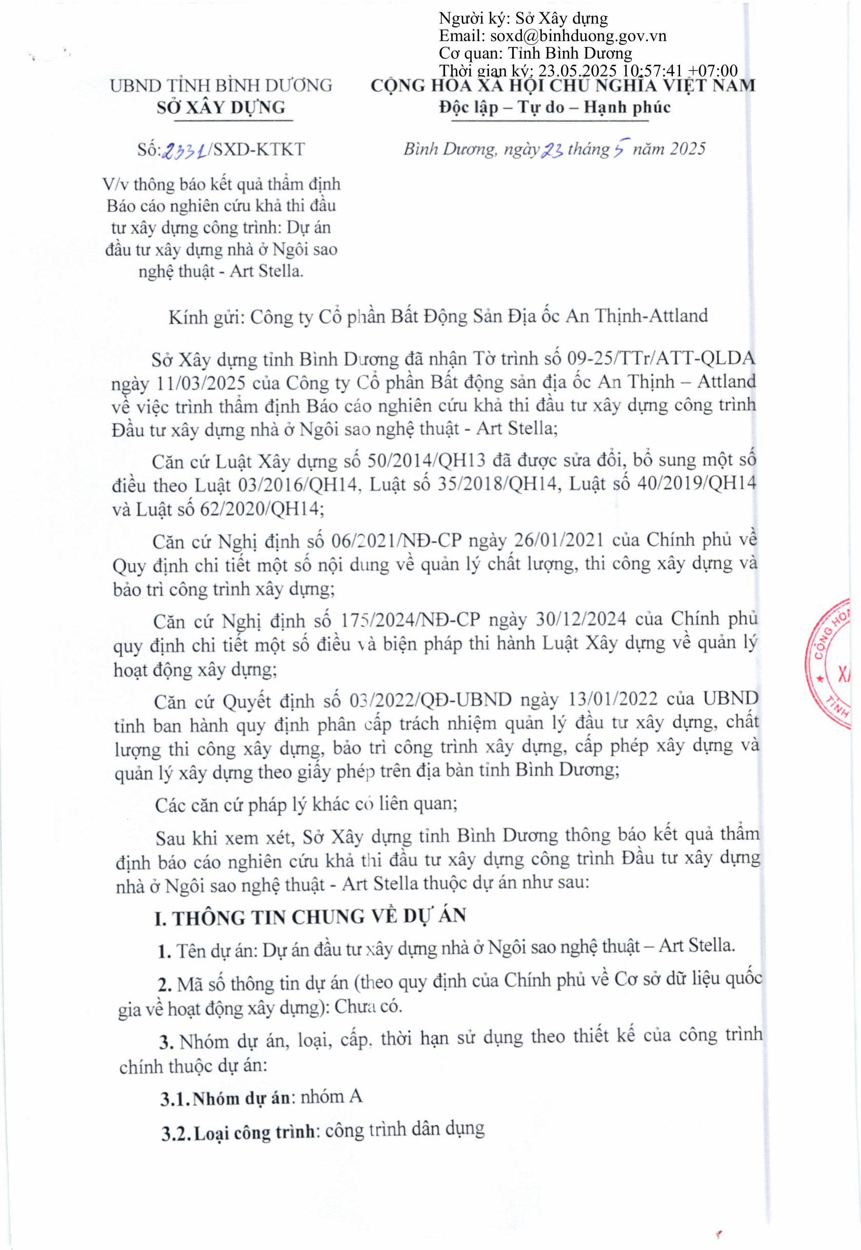 Thông Báo Kết Quả Thẩm định Báo Cáo Nghiên Cứu Khả Thi đầu Tư Xây Dựng Công Trình Artstella